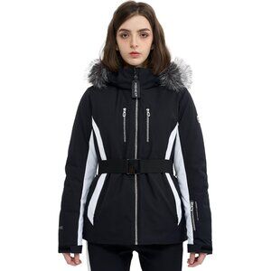 Women Black Ski Jacket Coat Belted Mountain Waterproof Winter